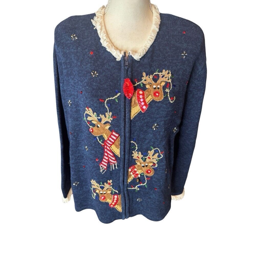 Heirloom Collectibles Women's Christmas Reindeer Rudolph Full Zip Sweater M VTG